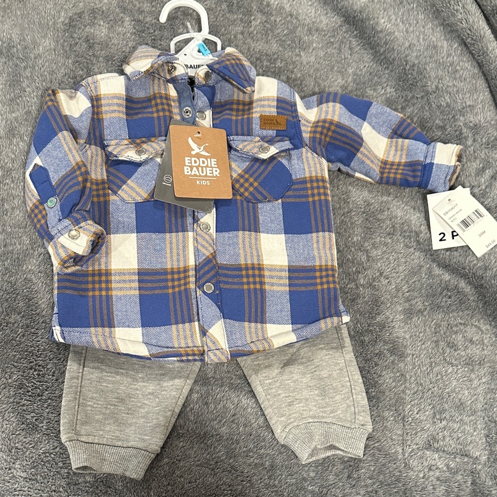 NWT- Eddie Bauer Kids Blue and Brown Plaid shacket with Gray Pants. Size 3-6M